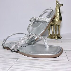 Bebe Womens Novah Silver Sparkle Thong Slingback Flat Sandals Size 8.5